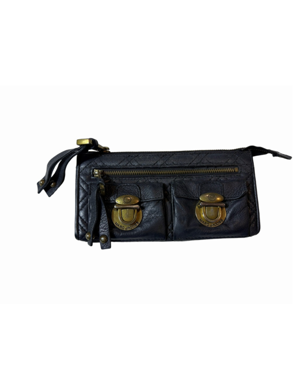 Marc Jacobs Black Quilted Zip Around Wallet with Double Buckle Front Pockets